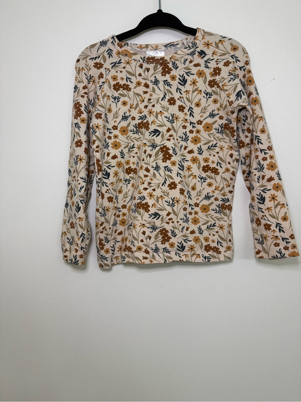 Mebie Baby - Kids Floral Long-Sleeve Top - Beige with Mustard & Green Floral 3T